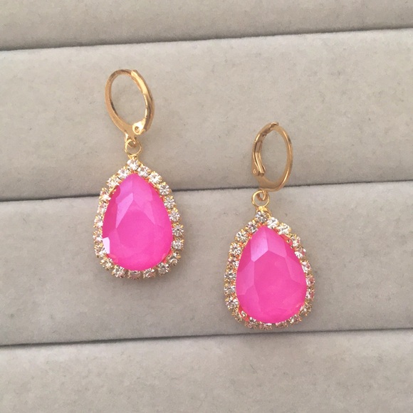 Hot Pink + Gold Crystal Halo Pear Drop Earrings